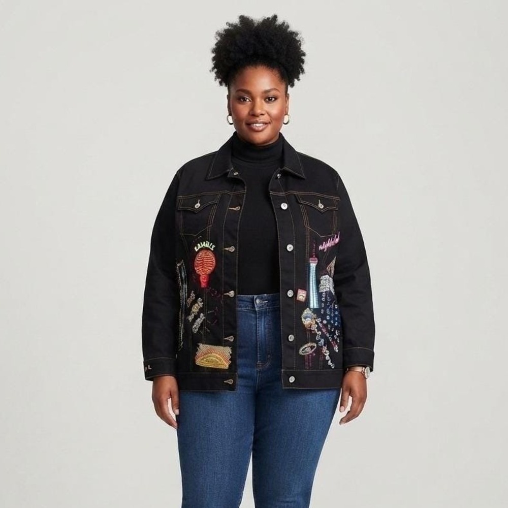Diane's Essentials Black Novelty Las Vegas Gambling Sequin Beaded Jean Jacket 1X